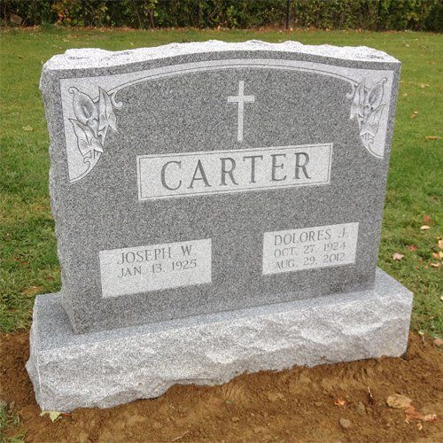 Carter Barre Grey Polished 2 BRP Sides Serp Top Double Outlined Panels Deep Cut Lettering Deep Carved Florals Flat Carved Cross Double Wide Upright