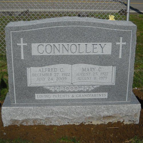 Connolley Barre Grey Polished 2 BRP Sides Serp Top Flat Carved Cross Book Panels Shape Carved Florals Deep Cut Lettering Pin Line Border Double Wide Upright