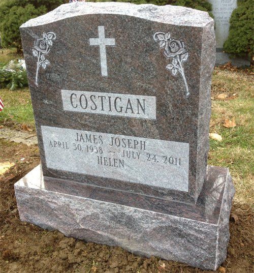 Costigan Dakota Mahogany Polished 2 BRP Sides Serp Top Deep Carved Florals Flat Carved Cross Panels Deep Cut Lettering Single Upright