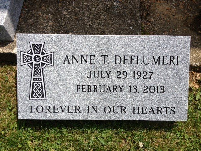 DeFlumeri Barre Grey Polished Top Sawed Sides Celtic Cross Flat Carved Cross Deep Cut Lettering Black Litho