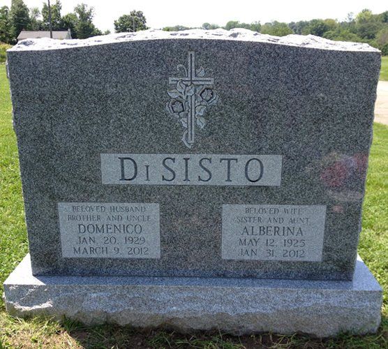 Di Sisto Barre Grey Polished 2 BRP Sides Serp Top Deep Carved Florals Flat Carved Cross Panels Deep Cut Lettering Double Wide Upright