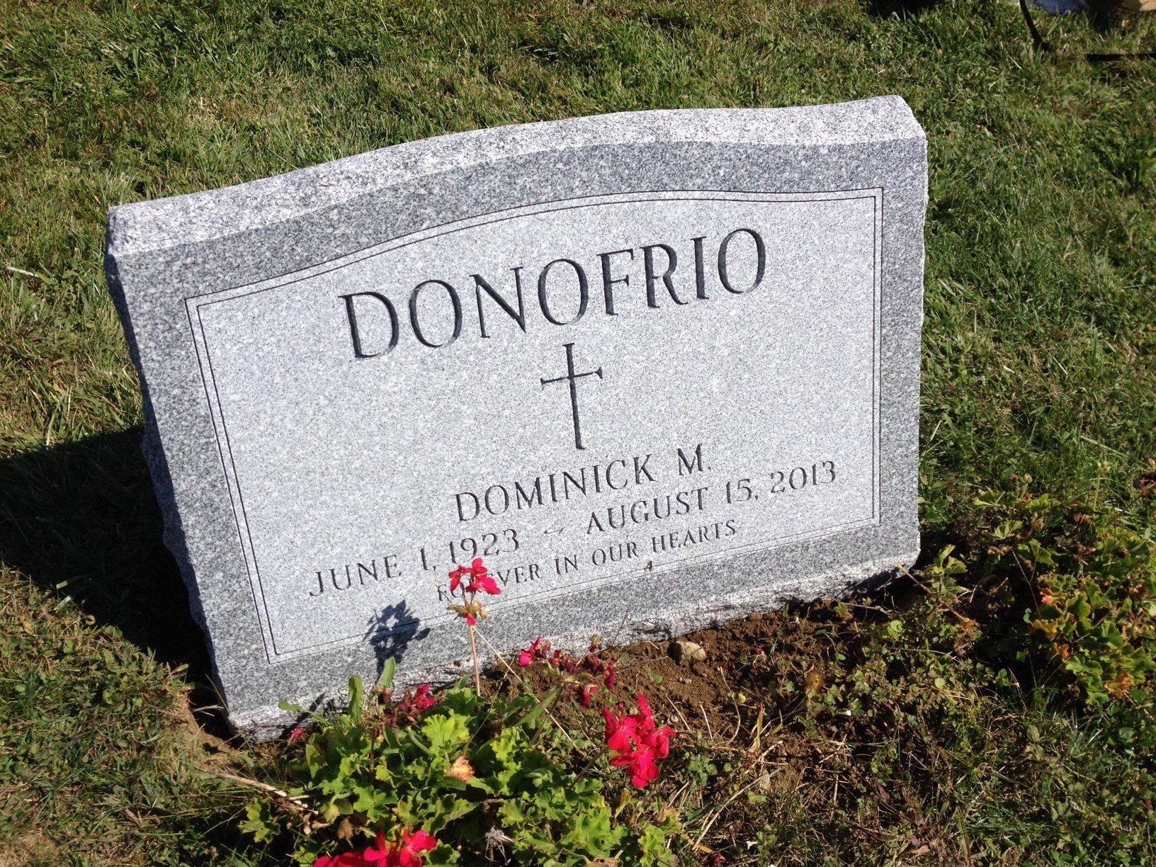 Donofrio barre grey double outlined panel cross deep carved lettering single name serp top brp sides