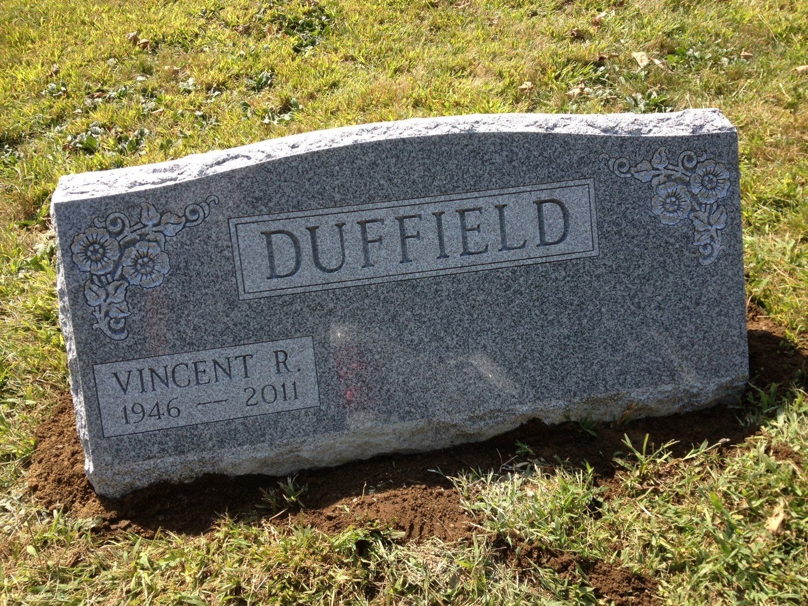 Duffield double wide barre grey shape carved floral double outlined panel multiple names deep carved lettering brp sides serp top polished face
