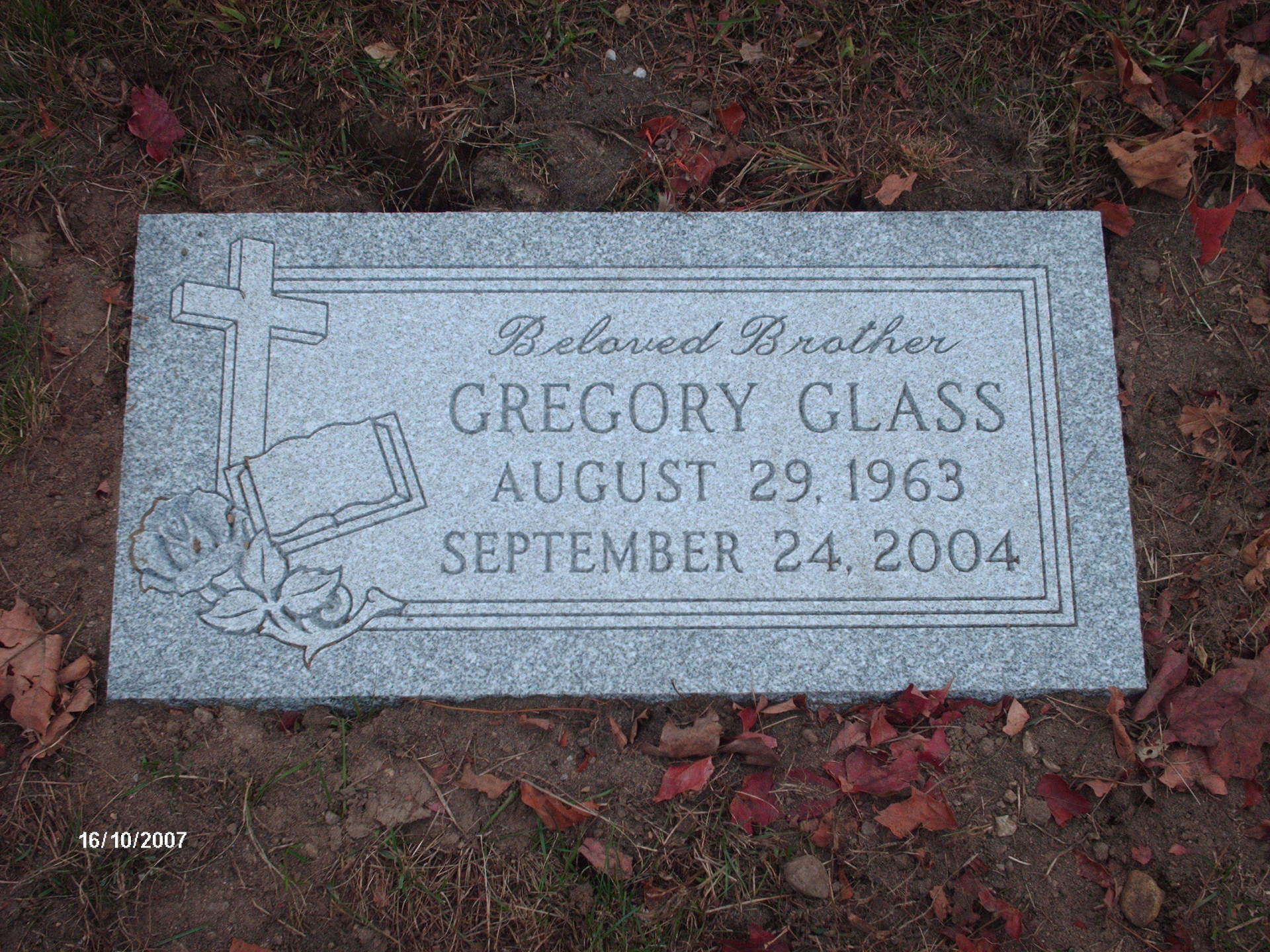 Glass Barre Grey Polished Top BRP Sides Deep Carved Floral Flat Carved Cross Triple Outlined Panel Deep Cut Lettering Script Font