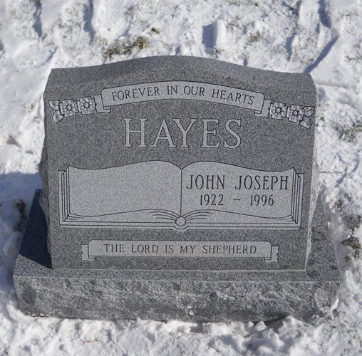 Hayes Barre Grey Polished Face Polished Top BRP Sides Western Slant Book Panel Base Outlined Lettering Ribbon Panel Shape Carved Floral Deep Cut Lettering