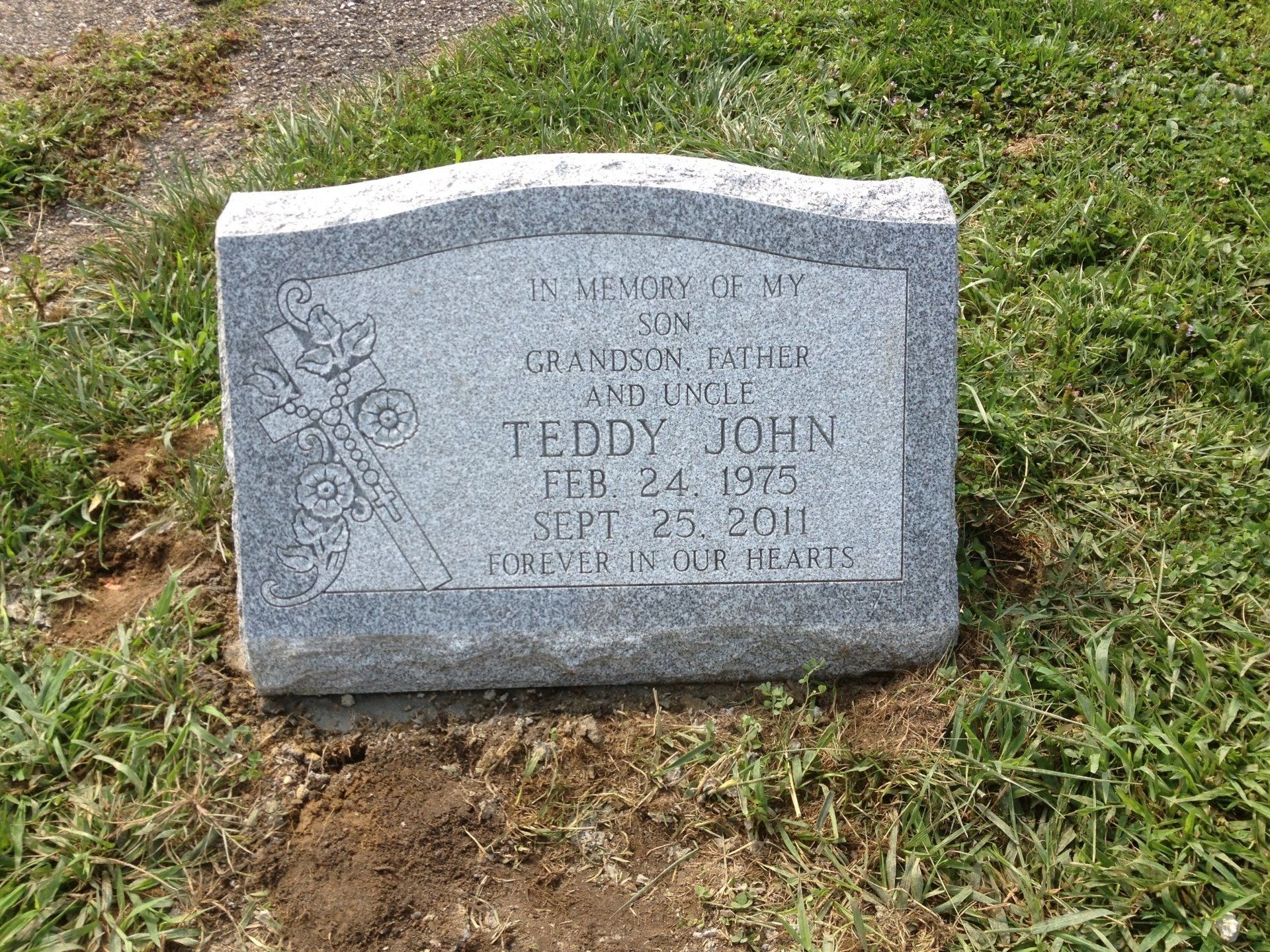 Teddy John barre grey serp top deep carved lettering cross floral design single outlined panel brp sides Shape Carved Floral