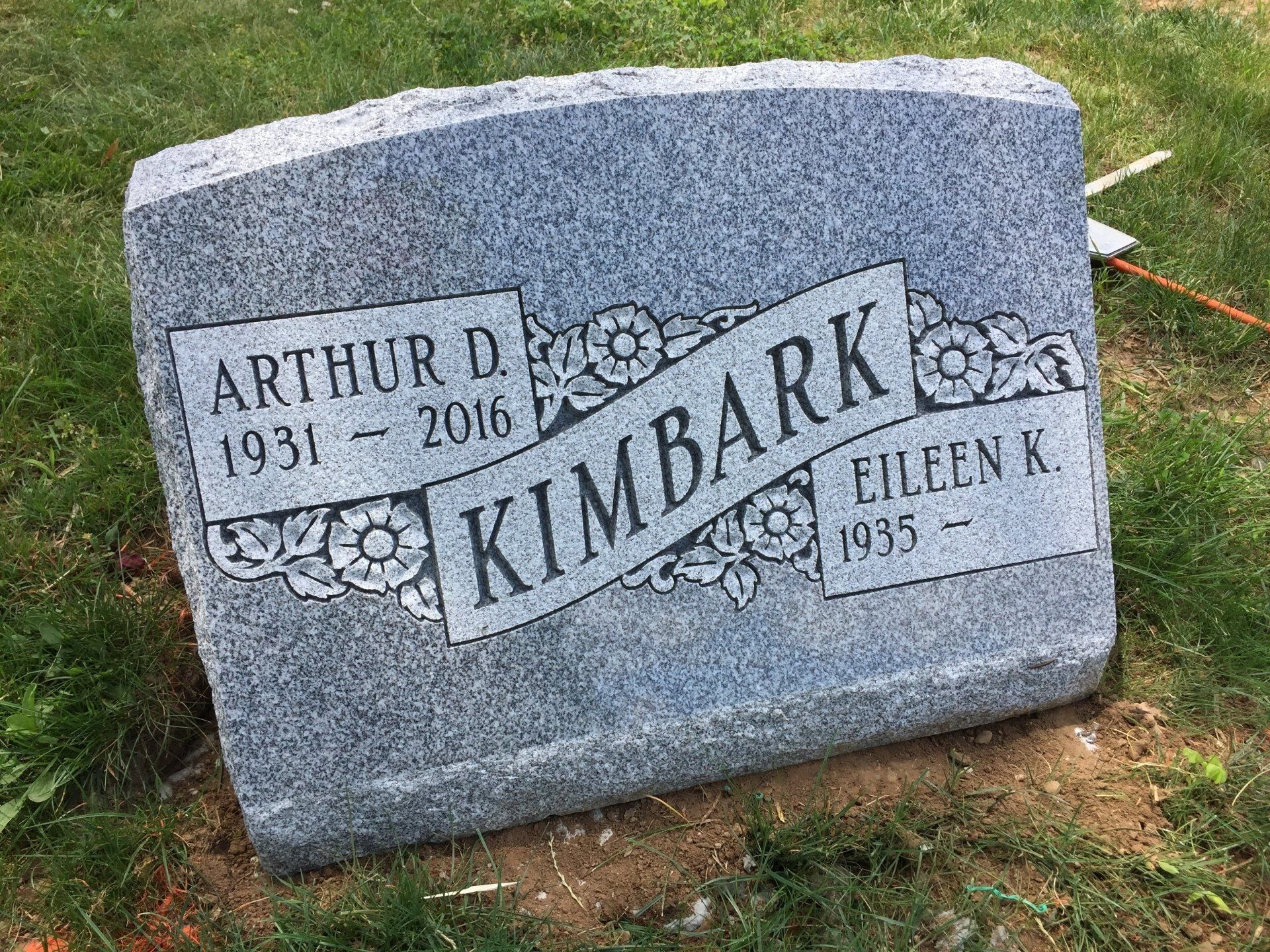 Kimbark oval top barre grey deep carved lettering multiple names brp sides shape carved lettering floral Polished Face
