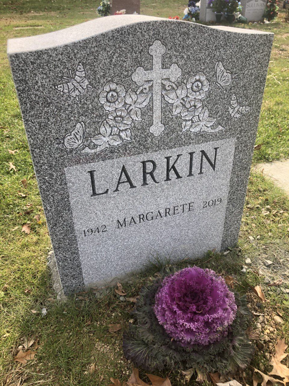 Larkin Barre Grey Polished 2 Steeled Sides Serp Top Shape Carved Florals Deep Cut Lettering Single Upright Monolith