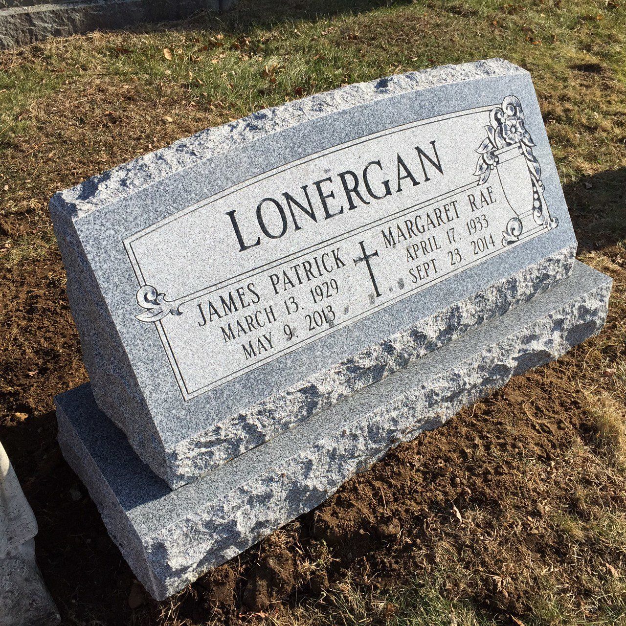 Lonergan Barre Grey Polished Face BRP Sides Oval Top Double Outlined Panel Flat Carved Design Shape Carved Floral Deep Cut Lettering Double Wide Base