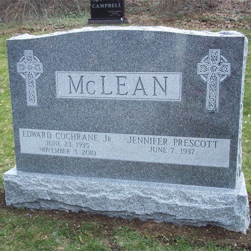 McLean Barre Grey Polished 2 BRP Sides Serp Top Flat Carved Cross Double Outlined Panel Deep Cut Lettering Double Wide Upright