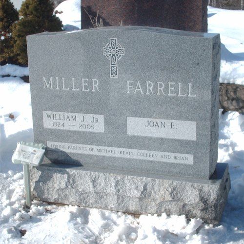 Miller-Farrell Barre Grey Double Wide Upright Polished 3 BRP Side Serp Top Outlined Lettering Panels Deep Cut Lettering Flat Carved Cross