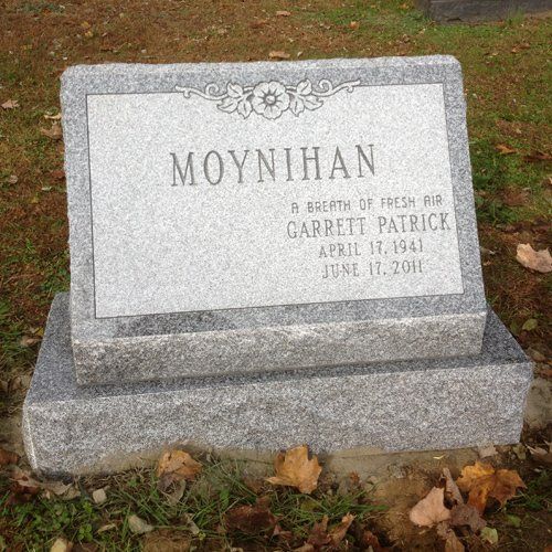 Moynihan Barre Grey Polished Face BRP Sides Flat Top Base Single Outlined Panel Deep Cut Lettering Shape Carved Florals