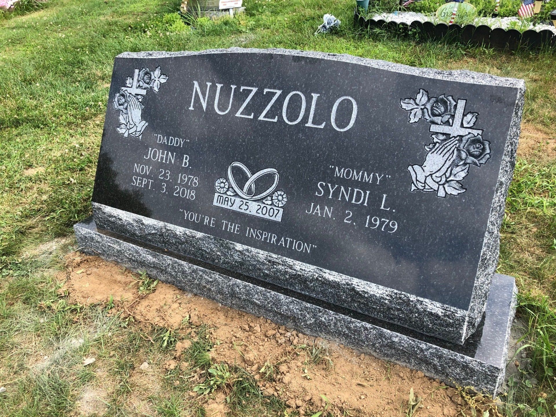 Nuzzolo double wide deep carved floral flat carved cross praying hands skin frosted lettering deep carved lettering serp top base brp sides Polished Face