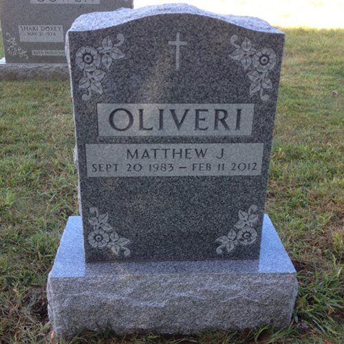Matthew J. Oliveri Barre Grey Polished 2 BRP Sides Serp Top Deep Cut Lettering Panels Single Upright Shape Carved Florals