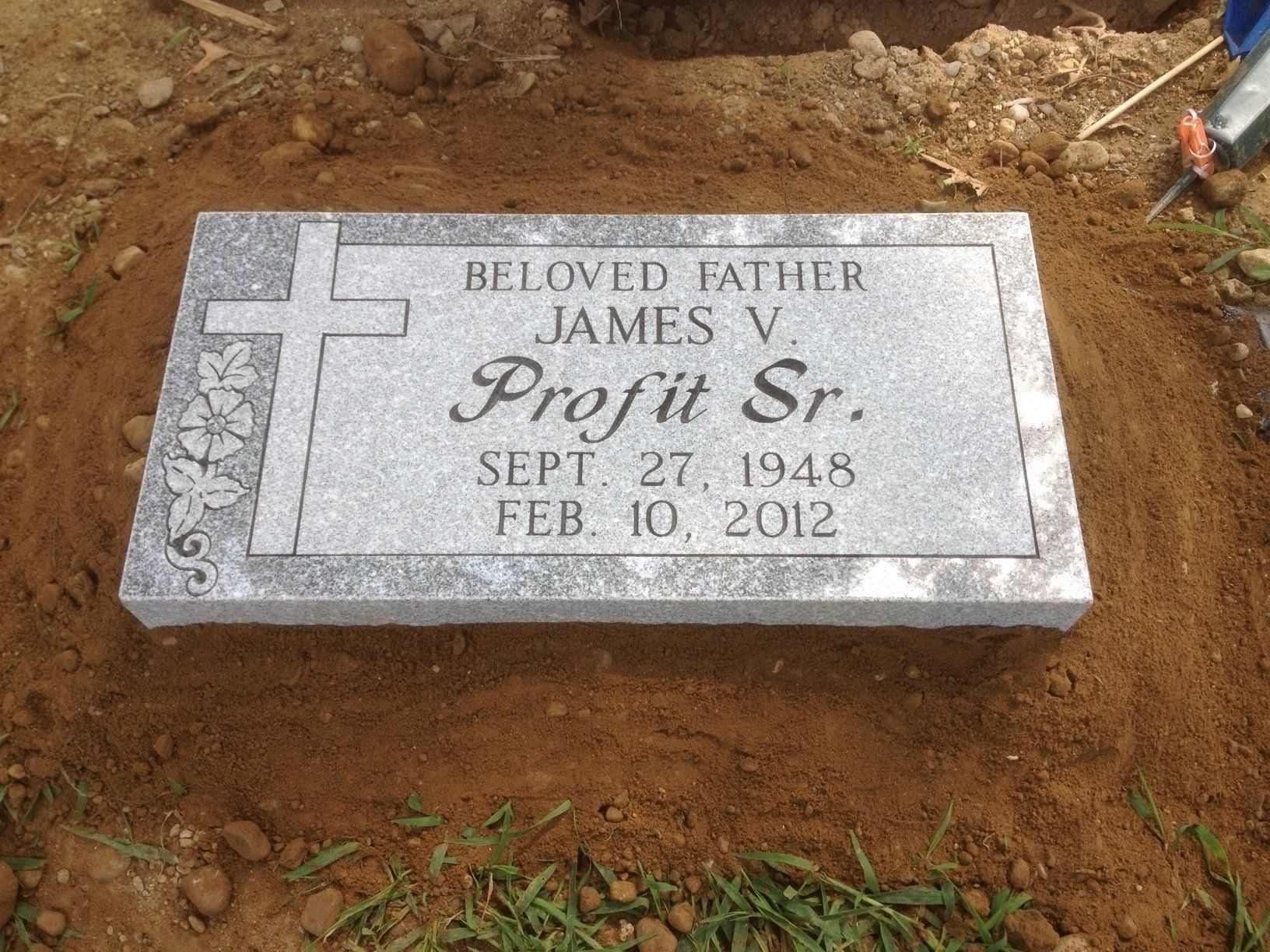 Profit Barre Grey Polished Top Sawed Sides Shape Carved Florals Single Outlined Panel Deep Cut Lettering