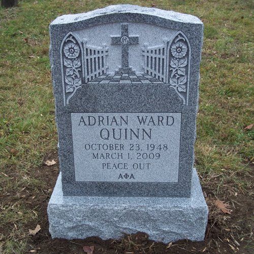 Adrian Ward Quinn Barre Grey Polished 2 BRP Side and Serp Top Shape Carved Florals Gates of Heaven Design Raised Cross Design Panels Deep Cut Lettering Single Upright