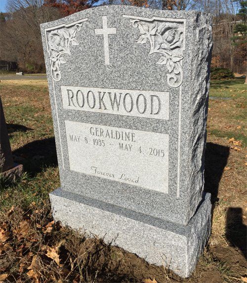 Rookwood Barre Grey Polished 2 BRP Sides Serp Top Panels Deep Cut Lettering Deep Carved Floral Single Upright