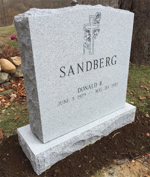 Sandberg Barre Grey Steeled 2 BRP Sides Serp Top Deep Cut Designs Shape Carved Florals Deep Cut Lettering Single Upright