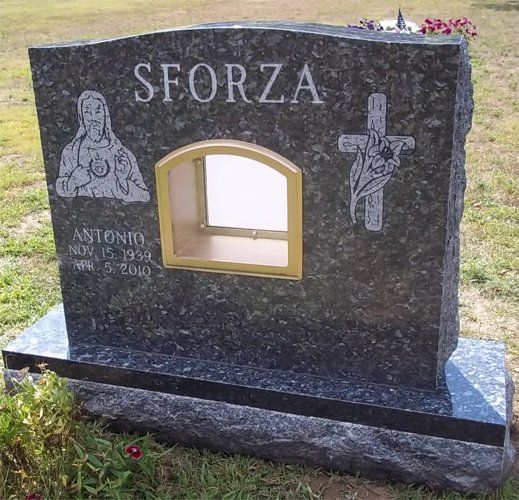 Sforza Blue Pearl Flat Carved Designs Polished 3 BRP Sides Serp Top Polished Margin Skinfrosted Lettering Inset Hole Double Wide Upright