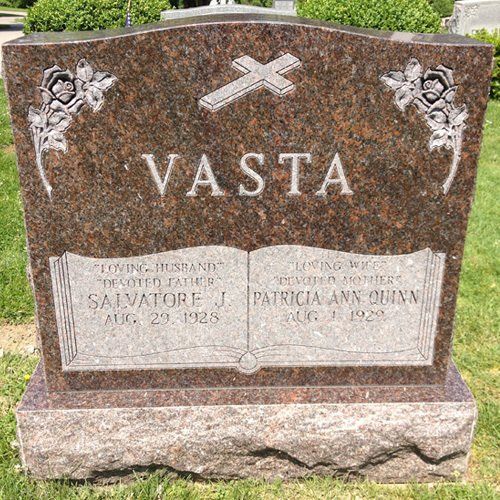 Vasta Mahogany Outlined Lettering Double Wide Upright Polished 5 Deep Carved Florals Deep Cut Lettering Book Panel Serp Top