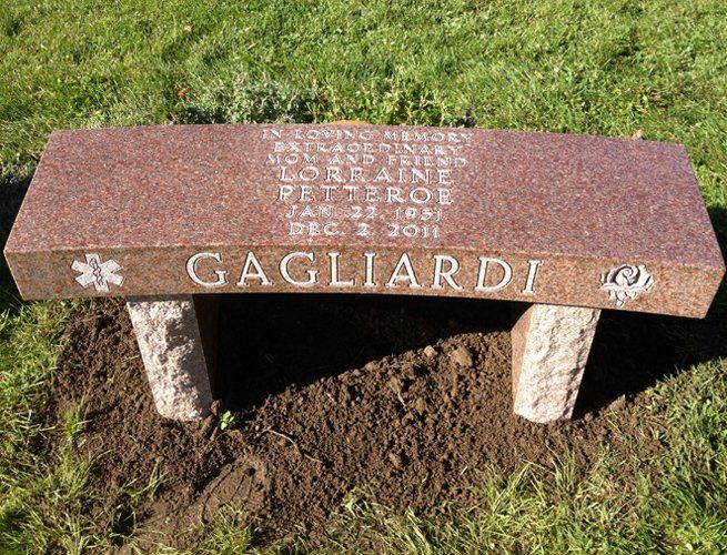 Gagliardi Outlined Lettering Canadian Pink Flat Carved Designs Polished 5 Curved Bench Rock Pitch Legs