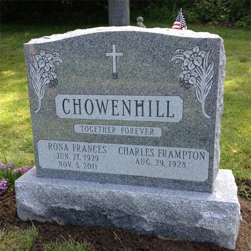 Chowenhill Barre Grey Polished 2 BRP Sides Serp Top Scalloped Panels Shaped Carved Florals Flat Carved Cross Deep Cut Lettering Double Wide Upright