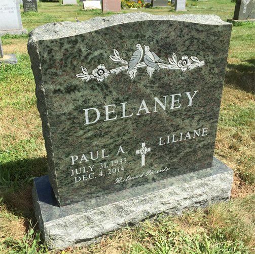 Delaney Tropical Green Polished 2 BRP Sides Serp Top Shape Carved Florals Flat Carved Designs Skinfrosted Lettering Flat Carved Cross Double Wide Upright