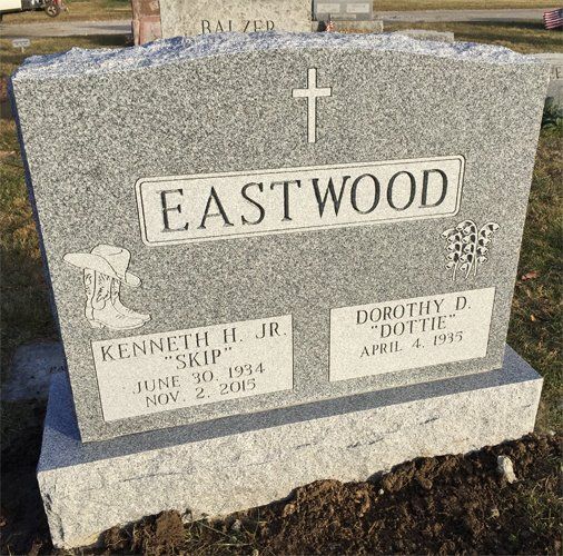 Eastwood Barre Grey Polished 2 BRP Sides Serp Top Flat Carved Cross Rounded Panels Flat Carved Designs Deep Cut Lettering Double Wide Upright
