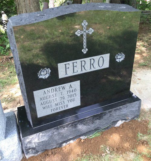 Ferro Jet Black Polished 2 BRP Sides Serp Top Deep Carved Floral Flat Carved Cross Panels Deep Cut Lettering Double Wide Upright