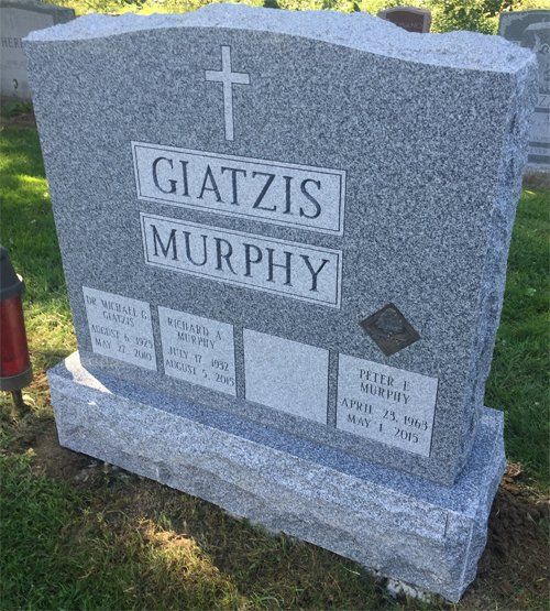Giatzis-Murphy Polished 2 Barre Grey BRP Sides Serp Top Bronze Emblem Double Outlined Panels Deep Cut Lettering Flat Carved Cross Design Double Wide Upright