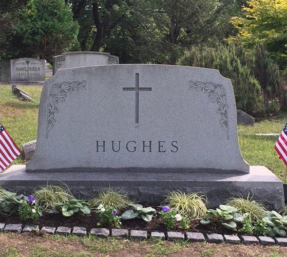 Hughes Steeled 5 Barre Grey Shape Carved Florals Deep Cut Lettering Deep Cut Cross Scotia Top Double Wide Upright