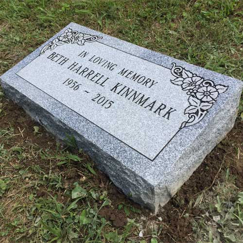 Kinnmark Barre Grey Polished Top BRP Sides Flat Carved Florals Single Outlined Panel Deep Cut Lettering