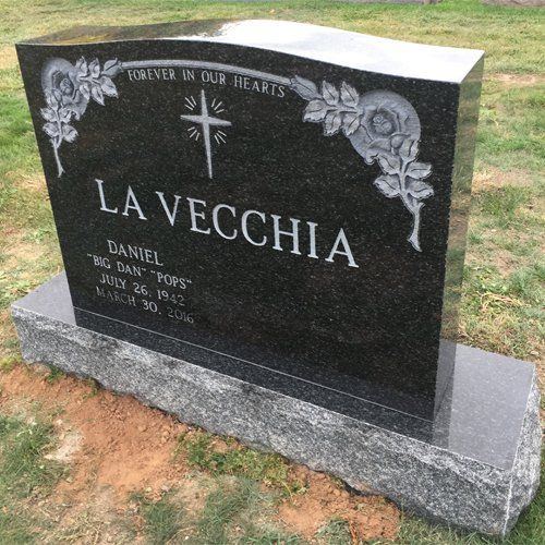 LaVecchia Impala Black Polished 5 Serp Top Deep Carved Floral Skinfrosted Lettering Flat Carved Cross Double Wide Upright
