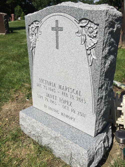 Mariscal-Lopez Barre Grey Single Upright Polished 2 BRP Side Serp Top Arched Panel Raised Carved Floral Polished Cross Deep Cut Lettering