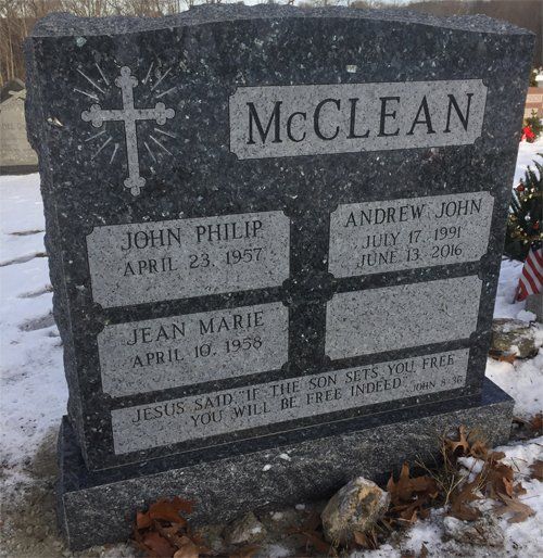 McClean Blue Pearl Polished 2 BRP Sides Serp Top Double Wide Upright Flat Carved Cross Scalloped Panels Deep Cut Lettering