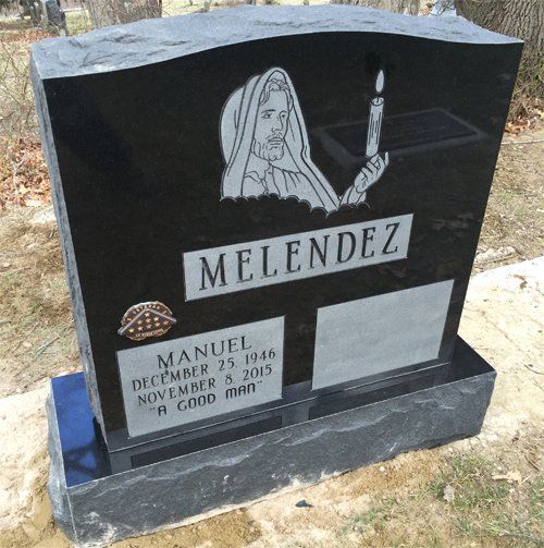 Manuel Melendez Jet Black Polished 2 BRP Sides Serp Top Flat Carved Designs Panels Deep Cut Lettering Bronze Emblem Double Wide Upright