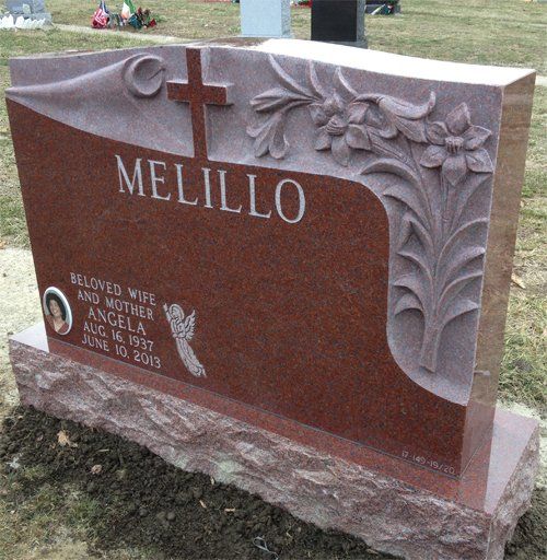 Melillo India Red Polished 5 Serp Top Raised Carved Floral Design Raised Cross Design Skinfrosted Lettering Porcelain Photo Double Wide Upright