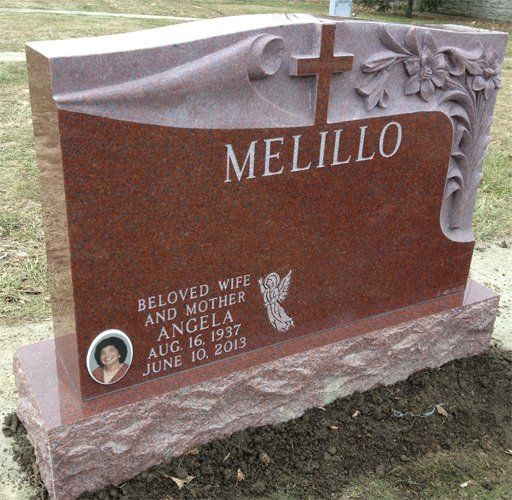 Melillo India Red Polished 5 Serp Top Raised Carved Floral Design Raised Cross Design Skinfrosted Lettering Porcelain Photo Double Wide Upright