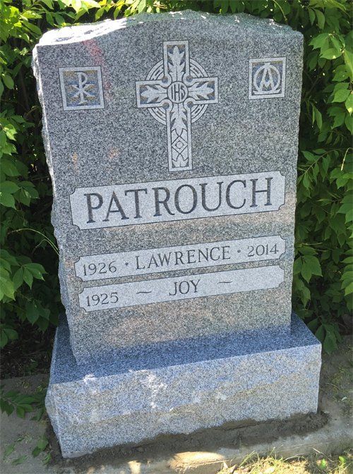 Patrough Barre Grey Polished 2 BRP Sides Serp Top Scalloped Panels Single Upright Deep Cut Lettering Flat Carved Designs