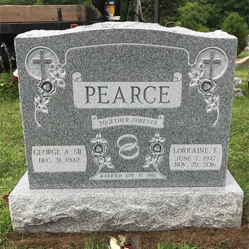 Pearce Barre Grey Double Wide Upright Deep Cut Lettering Deep Carved Florals Ribbon Panel Raised Cross Design Ring Design Polished 2 Serp Top BRP Sides Shape Carved Florals