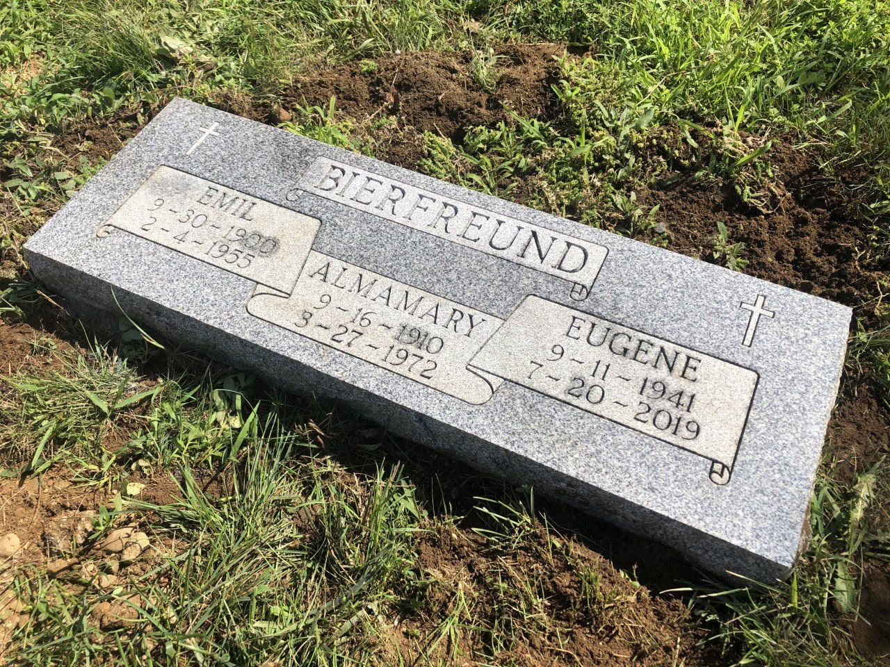 Bierfreund Barre Grey Polished Top Sawed Sides Ribbon Panel Flat Carved Cross Deep Cut Lettering Oversized