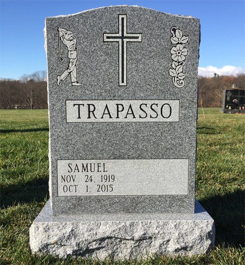 Trapasso Barre Grey Polished 2 BRP Sides Serp Top Flat Carved Designs Panels Deep Cut Lettering Single Upright