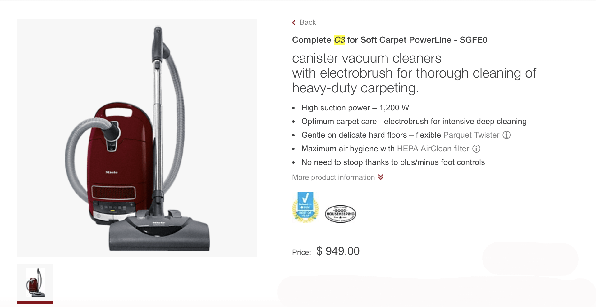 Miele Complete C3 for Soft Carpet Vacuum