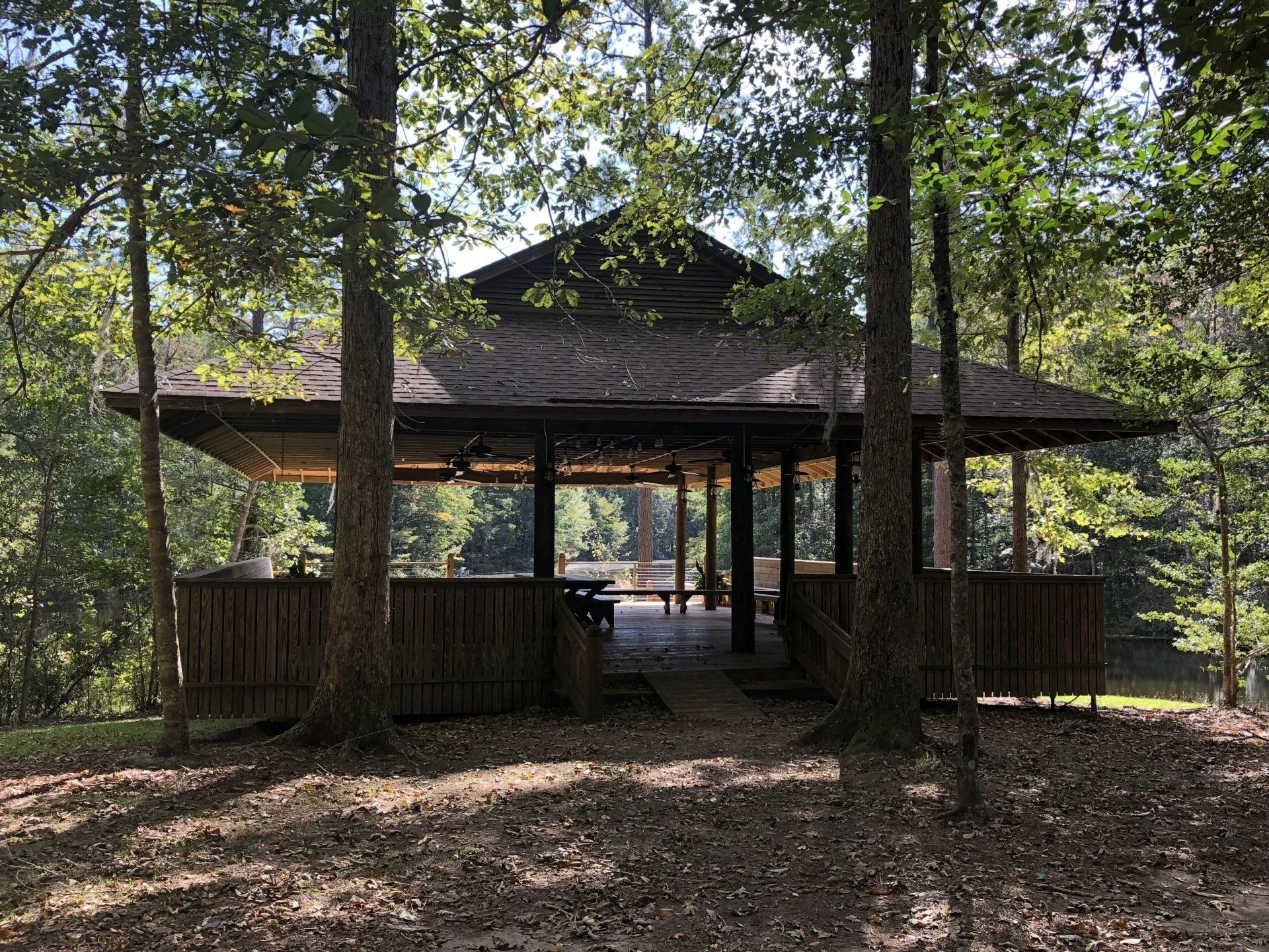 Wooden gazebo in a forest clearing, dark roof, open sides, trees surround.