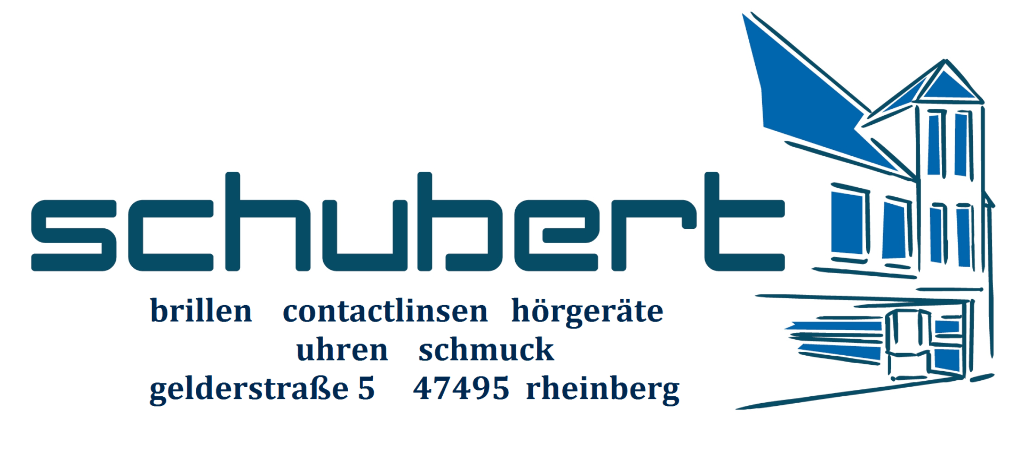 Logo für Schubert in Rheinberg, mit Firmenname, Produktliste und Adresse neben einer Strichzeichnung des Gebäudes.