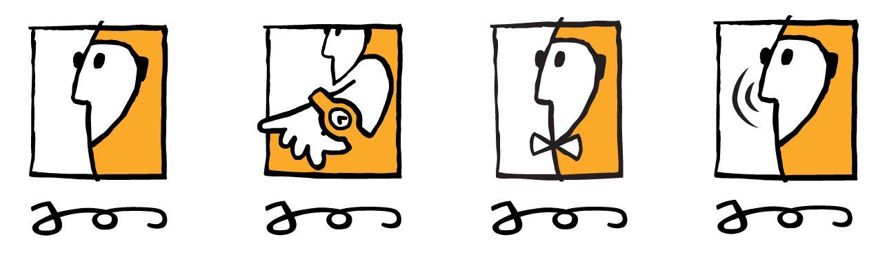 Vier quadratische Symbole in Weiß und Orange: eine Person im Profil, die auf ihre Uhr schaut, eine Fliege trägt und spricht.
