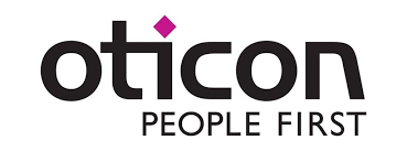 Das Oticon-Markenlogo zeigt das Wort „oticon“ in Schwarz mit einer magentafarbenen Raute
