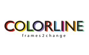 Das Logo „COLORLINE“ in mehrfarbigen, fetten Buchstaben mit Schlagschatten, darunter der Text „frames2change“.