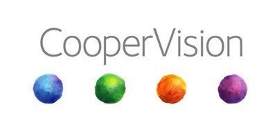 Das CooperVision-Logo mit dem Firmennamen in grauer Schrift über vier aquarellartigen Kugeln in Blau, Grün, Orange und Lila.