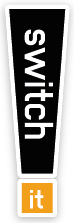 Ein vertikales Logo mit dem Wort „Switch“ in Weiß auf schwarzem Hintergrund, 